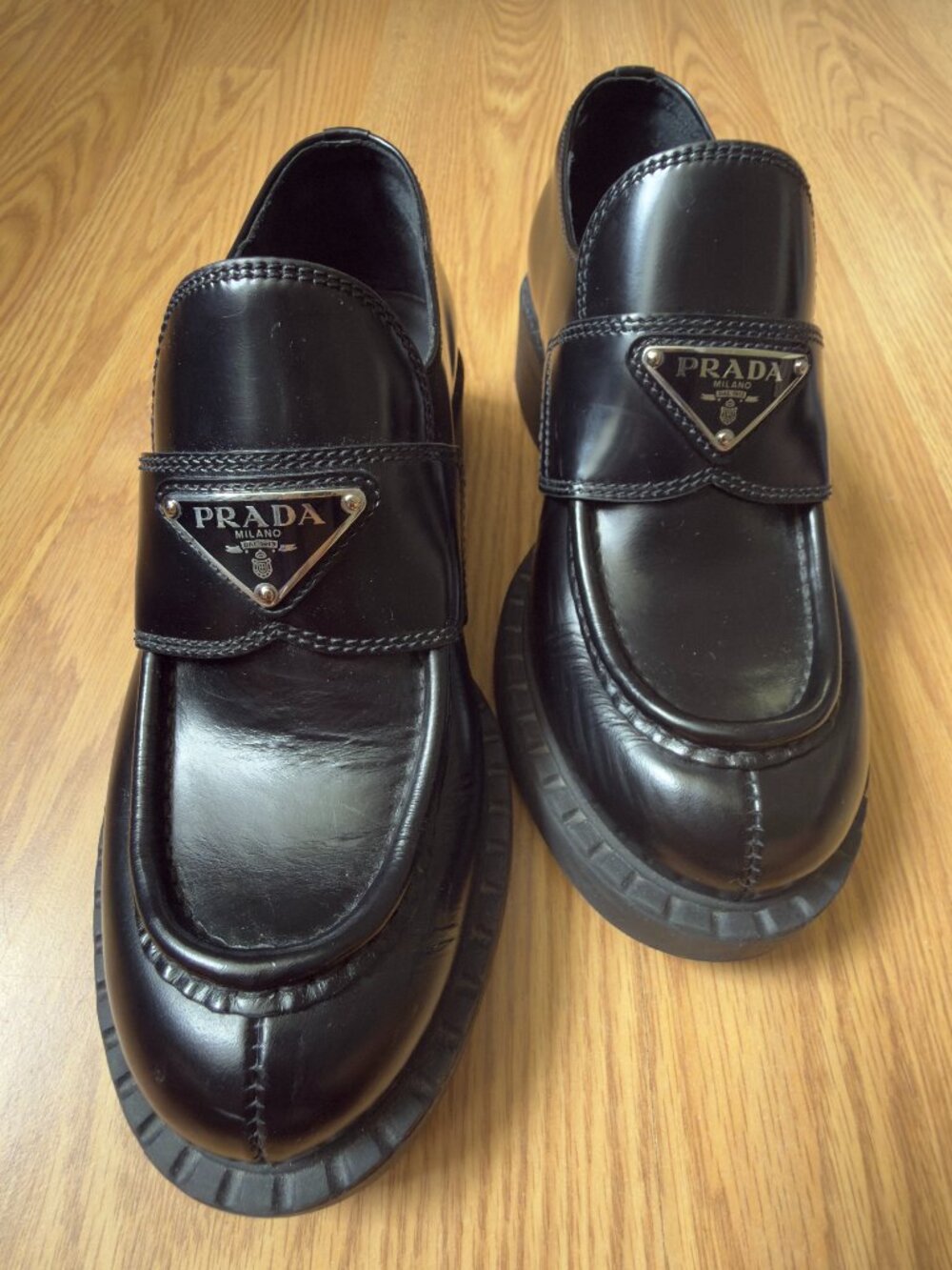 Prada Monolith Black Leather Loafers, Sz 35